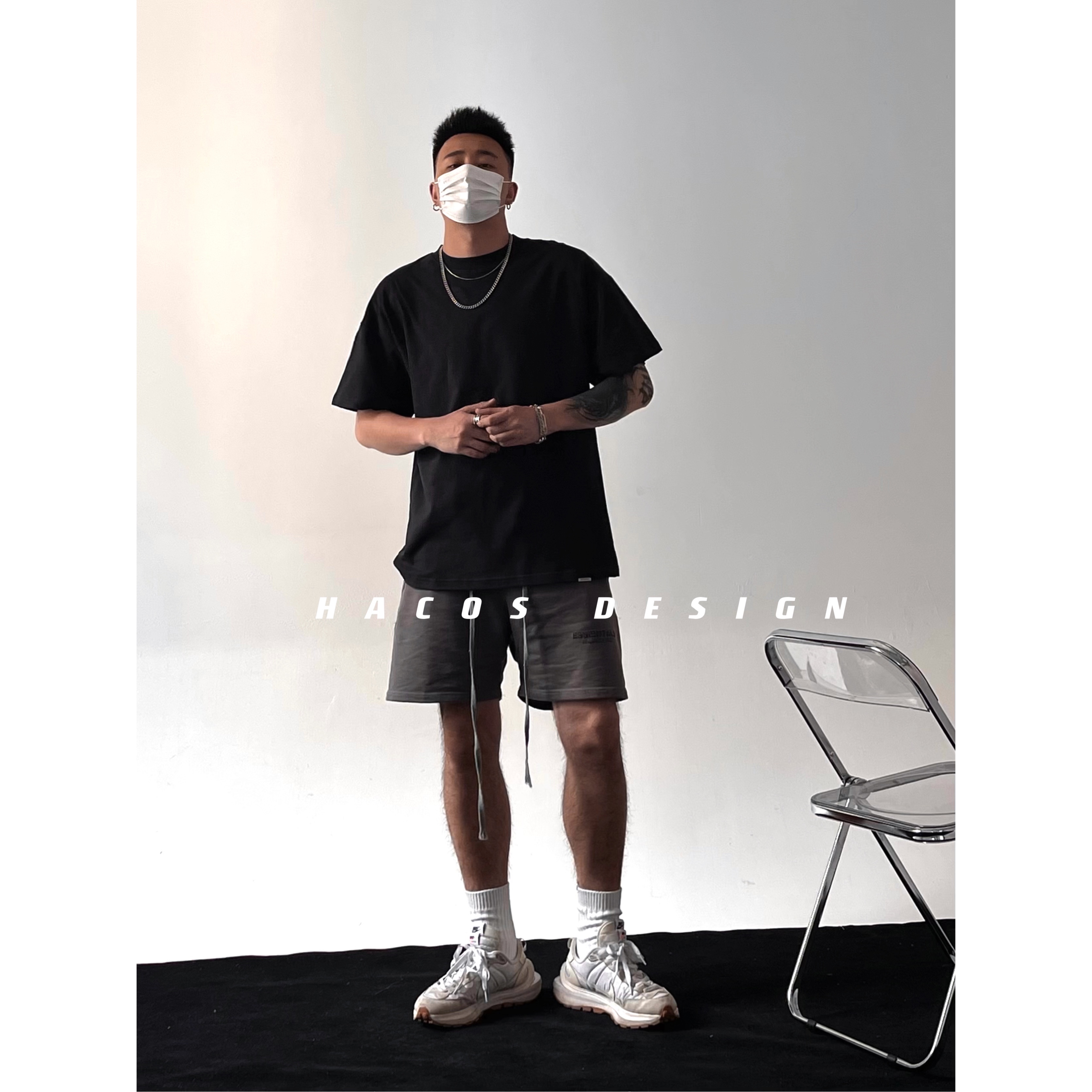 HACOS欧美圆领T恤宽松街头Kanye风FOG风简约设计重磅T恤男女款