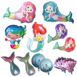 美人鱼气球生日主题铝箔气球18寸圆形睡美人贝壳尾巴铝膜气球