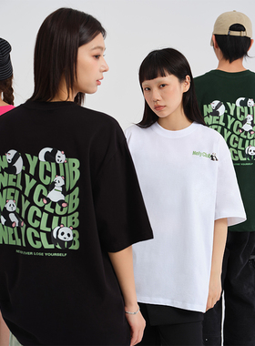 小尼力ins潮牌美式卡通熊猫印花短袖t恤男宽松潮流绿色纯棉运动潮