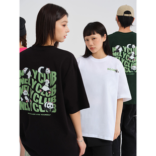 小尼力ins潮牌美式 t恤男宽松潮流绿色纯棉运动潮 卡通熊猫印花短袖