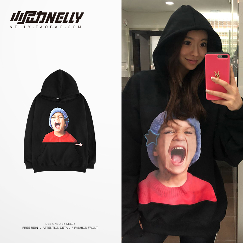 原创街头个性嘻哈hiphop国潮头像印花连帽套头卫衣情侣加绒帽衫