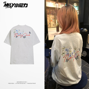 潮牌宽松复古情侣款 美式 夏季 T恤男2026新款 上衣 高街花卉印花短袖