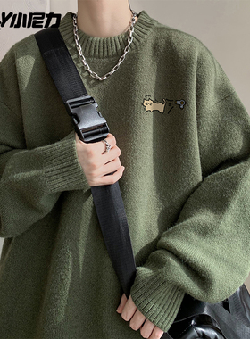 秋冬复古可爱猫咪圆领毛衣男潮流设计感宽松舒适慵懒风情侣针织衫