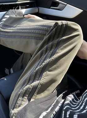 NELY小尼力美式街头直筒休闲裤男女拼接条纹户外运动宽松阔腿裤潮