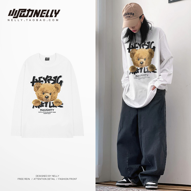 2025年爆款ins小熊长袖t恤打底衫ins潮早春男生普通上衣bf风体恤