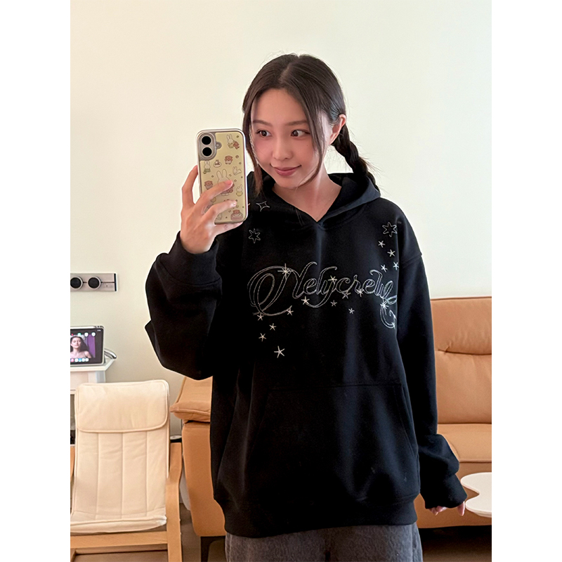 星星刺绣薄款连帽卫衣