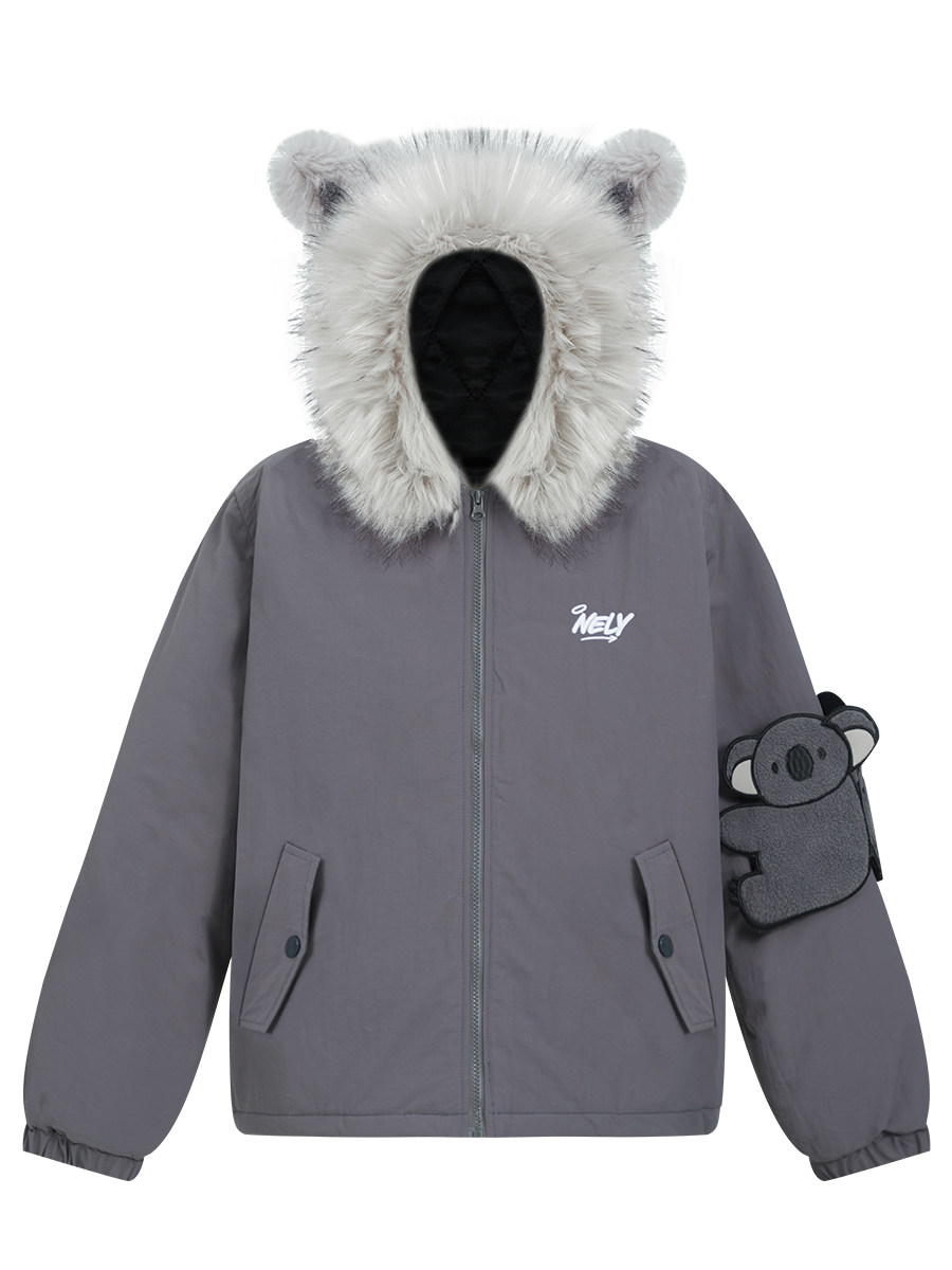 Creative Design Koala Fur Collar Cotton Jacket for Men and Women, Winter Couple Workwear Cotton Coat