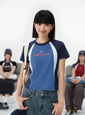 NELY小尼力美式潮牌bf复古运动短袖t恤男女休闲拼接设计机车球衣