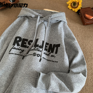 美式复古重磅连帽卫衣男秋冬硬挺加绒大码高中生潮牌外套oversize