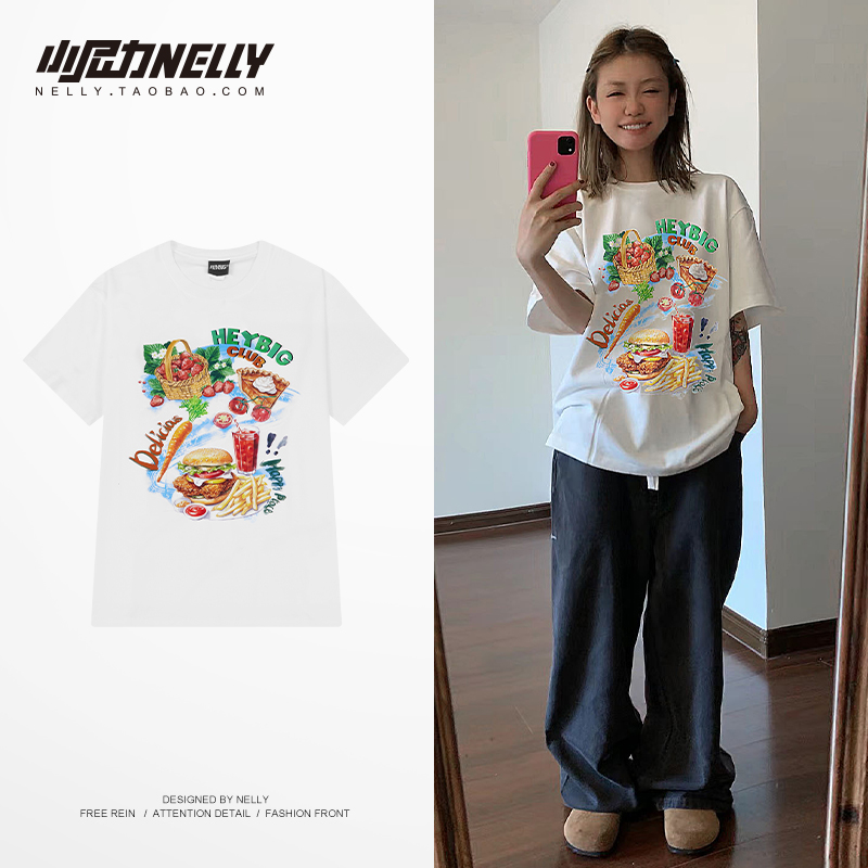 纯棉美式汉堡薯条印花短袖男女夏季复古衣服潮牌上衣宽松潮流t恤