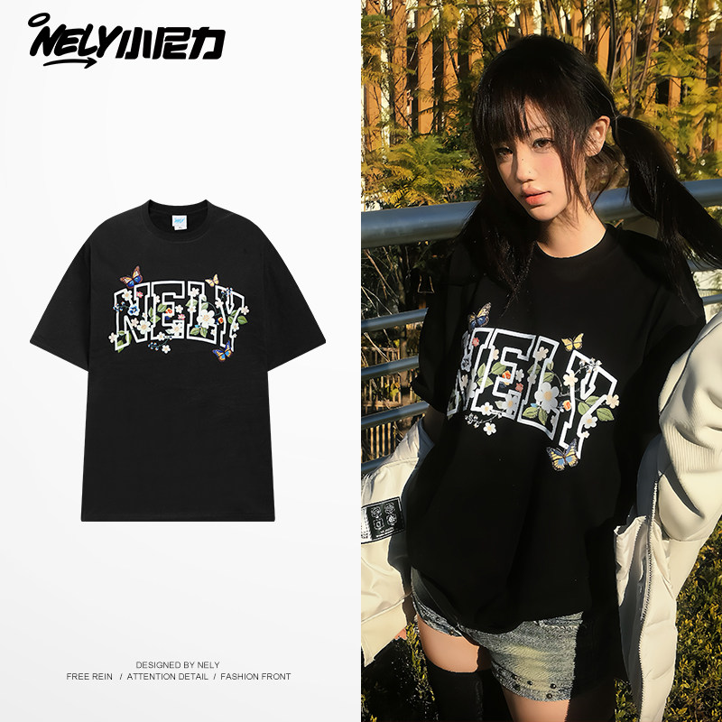 美式高街花卉蝴蝶短袖T恤男2026新款夏季潮牌宽松复古情侣款上衣