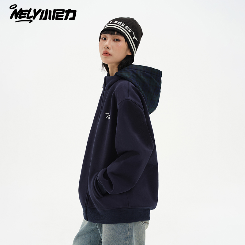 NELY小尼力格纹拉链开衫连帽卫衣复古加绒情侣款外套2025秋冬男女