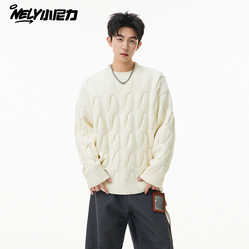 麻花肌理羊毛衫男款冬季老钱风圆领套头针织毛衣情侣保暖内搭上衣
