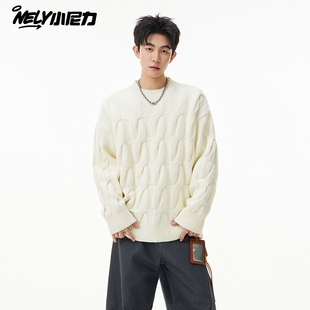 麻花肌理羊毛衫男款冬季老钱风圆领套头针织毛衣情侣保暖内搭上衣