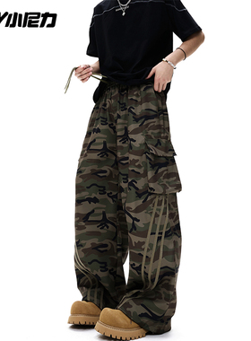 潮牌高街迷彩工装裤男女美式复古休闲三杠条纹情侣宽松直筒阔腿裤