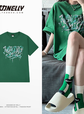 2025夏季oversize潮牌小众设计感美式街头纯棉圆领绿色短袖T恤男