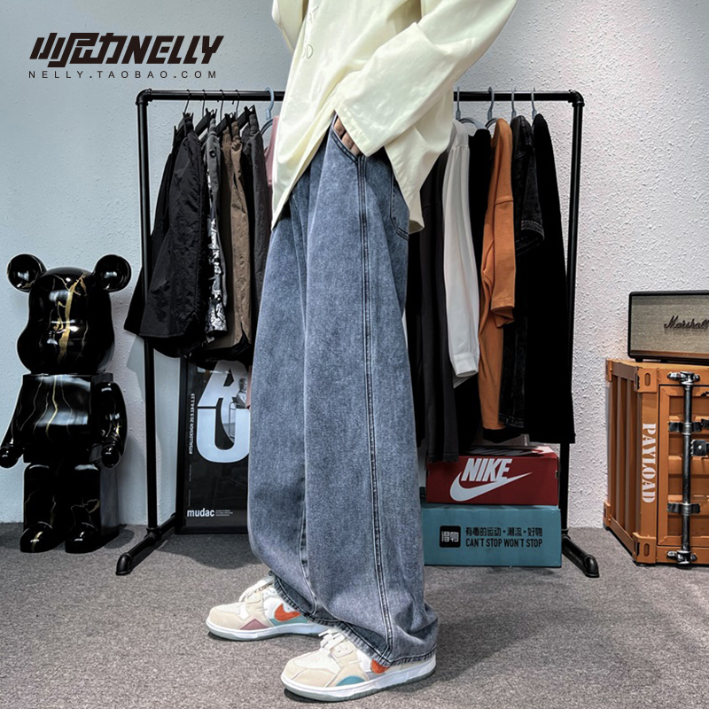 小尼力潮牌宽松牛仔长裤水洗复古