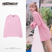 t恤百搭休闲宽松打底衫 粉色纯色长袖 落肩男女纯棉衣服潮 薄款 秋装