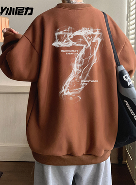 ins圆领卫衣男款春秋款潮oversize宽松百搭字母印花秋冬加绒加厚