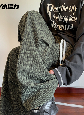 美式高街豹纹印花伞兵工装裤男女夏设计感潮牌休闲运动绿色阔腿裤