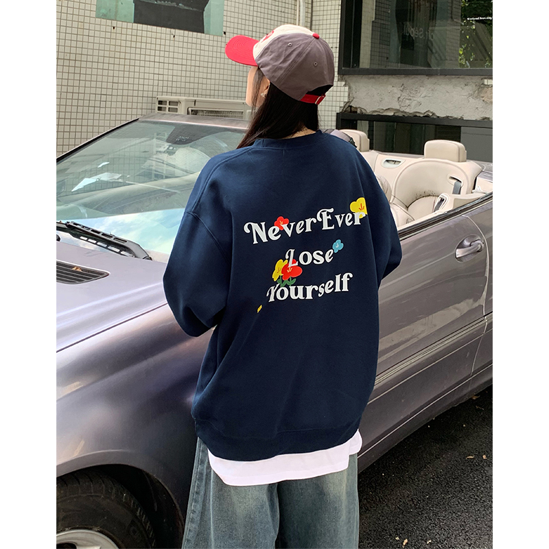 字母花卉套头情侣圆领卫衣