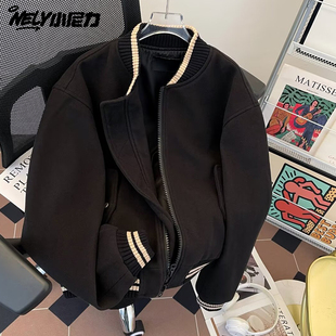 宽松情侣装 型撞色毛呢棒球服秋季 休闲外套 复古boxy版 cleanfit美式