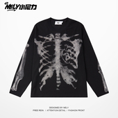 ins长袖 骷髅重磅潮牌潮流骨头宽松朋克上衣服 摇滚新款 男士 t恤秋季