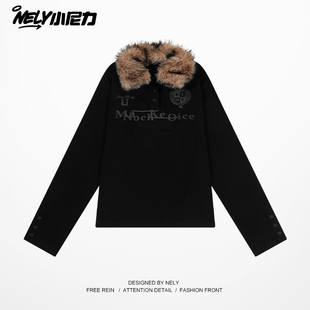 y2k美式毛领拼接长袖男女秋冬亚文化Polo衫t恤街头朋克风宽松上衣