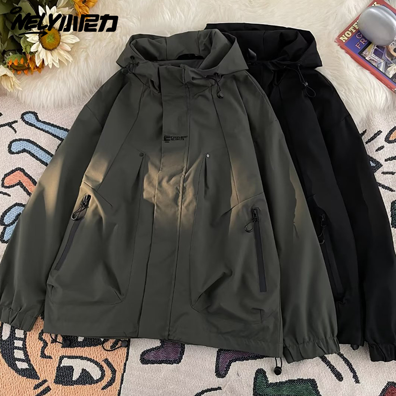 复古简约刺绣连帽冲锋衣外套