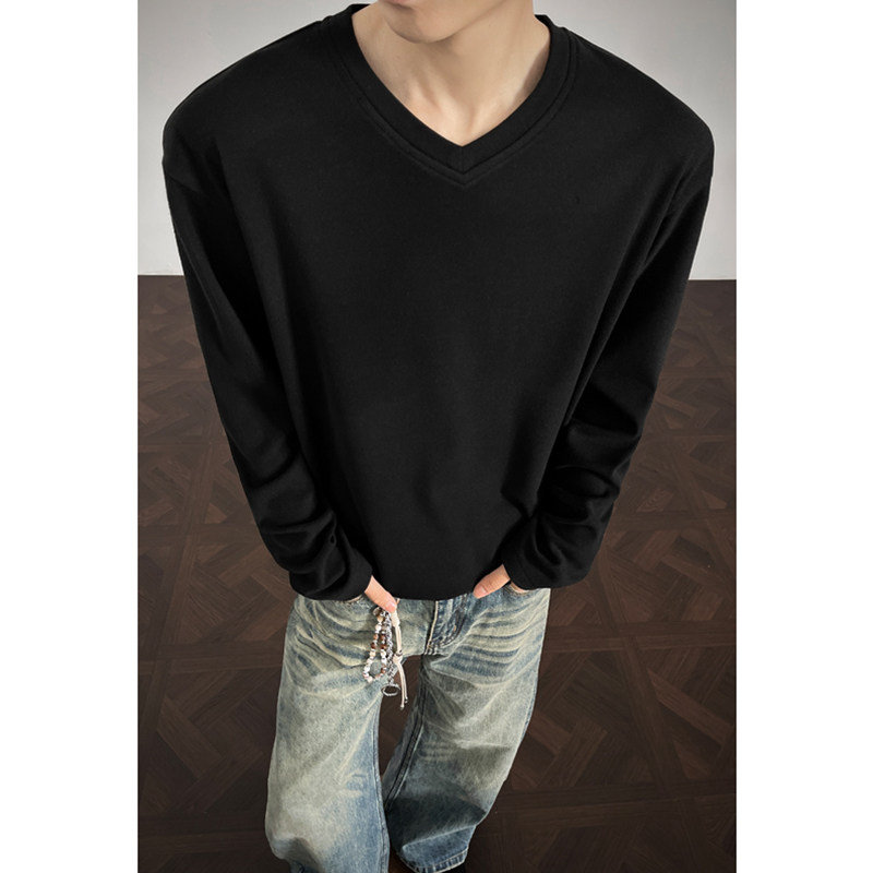 春秋季男士长袖t恤秋衣外穿百搭加厚秋装v领上衣服纯色打底衫潮