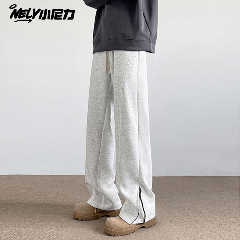 灰色嘻哈卫裤男款春秋加绒垂感高级感阔腿裤子美式运动休闲长裤