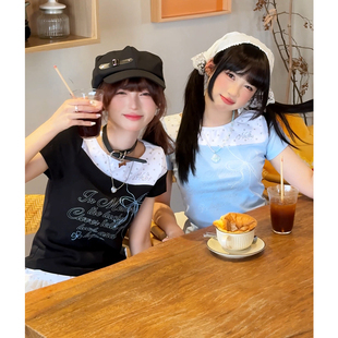 闺蜜上衣 T恤女夏短款 NELY小尼力y2k古早轻亚星星假两件修身 短袖