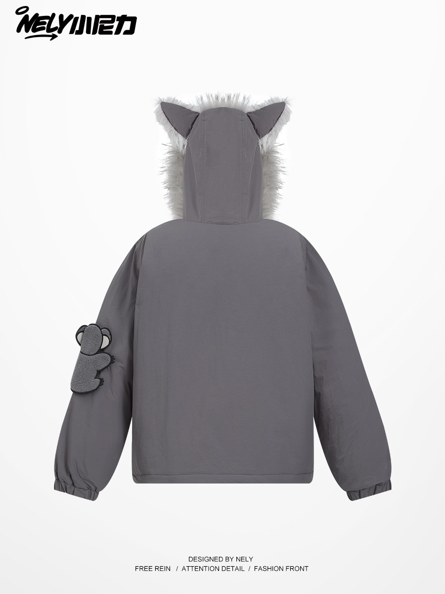 Creative Design Koala Fur Collar Cotton Jacket for Men and Women, Winter Couple Workwear Cotton Coat