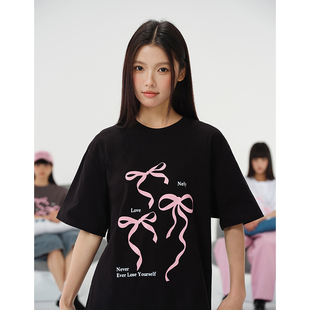 NELY小尼力甜酷学生短袖 t恤男女夏宽松休闲设计感圆领蝴蝶结上衣