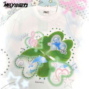 显瘦T恤 潮牌街头情侣修身 NELY小尼力梦幻四叶草印花夏季 宽松短袖