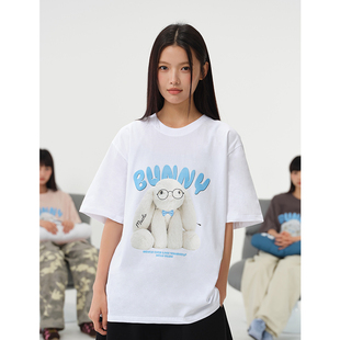 潮宽松趣味兔子印花情侣半袖 T恤男女夏季 上衣 短袖 NELY小尼力美式