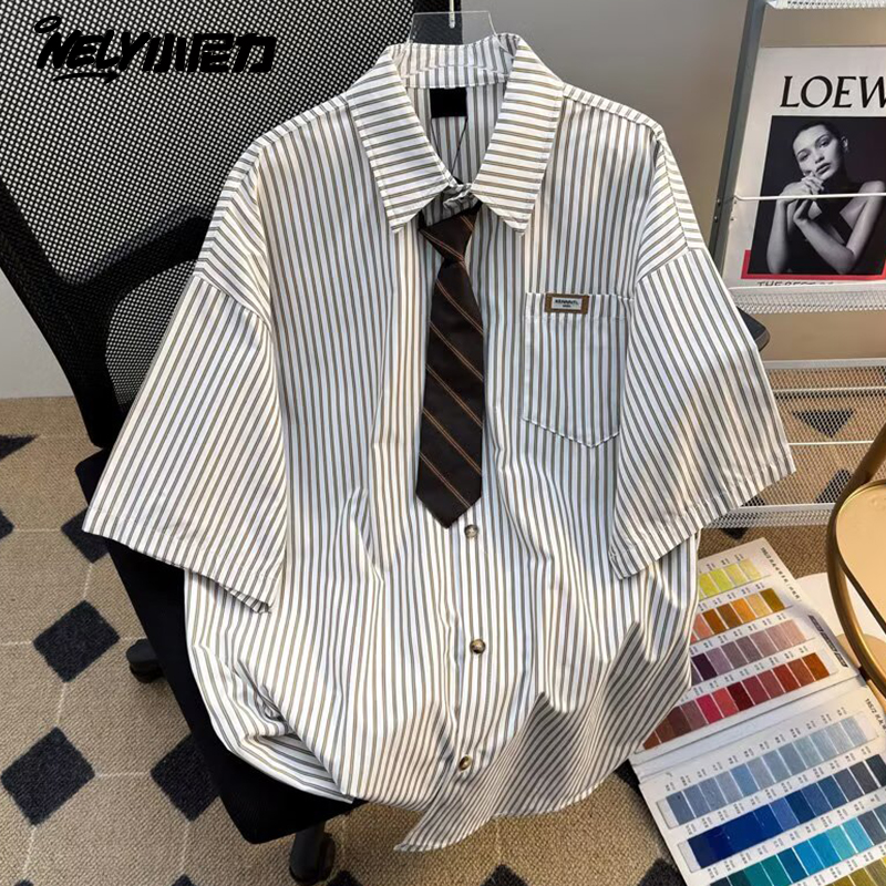 配领带简约制服短袖衬衫男女沙滩刺绣小众设计感休闲夏季宽松衬衣