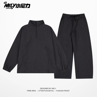 ins加绒半拉链高领卫衣男秋冬款美式套头外套直筒牛仔裤休闲套装