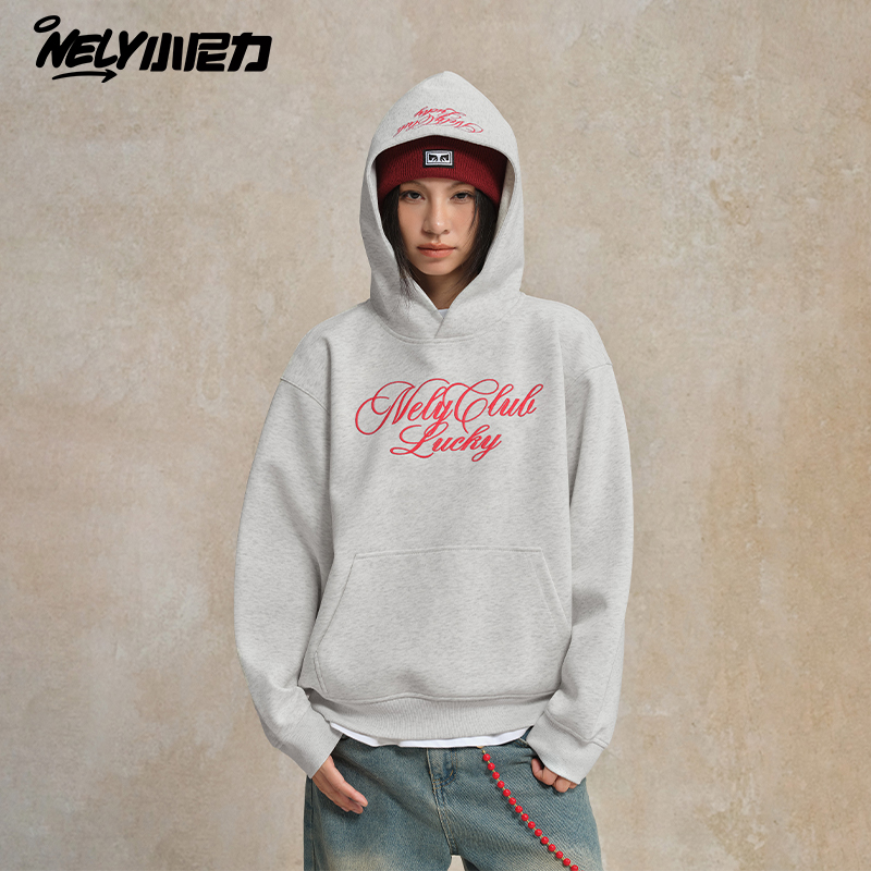 NELY小尼力花体手写字母刺绣连帽卫衣男女秋冬情侣美式套头帽衫潮