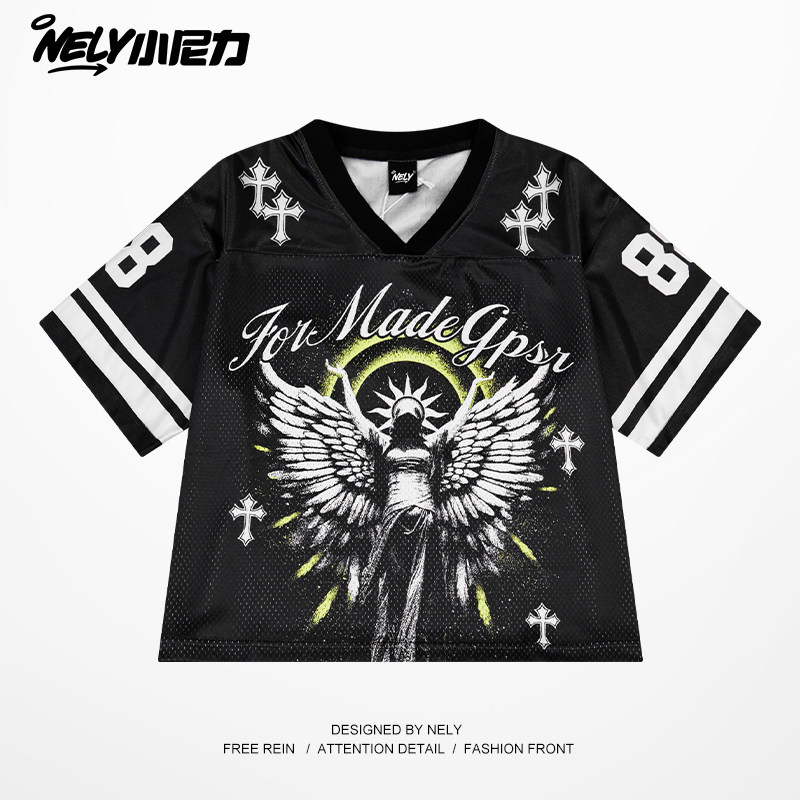 ins嘻哈美式短袖球衣男女宽松半袖Hiphop街舞套头数字印花上衣T恤