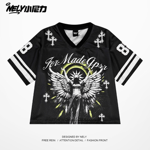 ins嘻哈美式短袖球衣男女宽松半袖Hiphop街舞套头数字印花上衣T恤