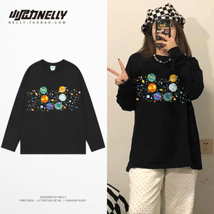 纯棉重磅宽松街头嘻哈T恤上衣服男款 男秋季 潮牌字母印花长袖 美式