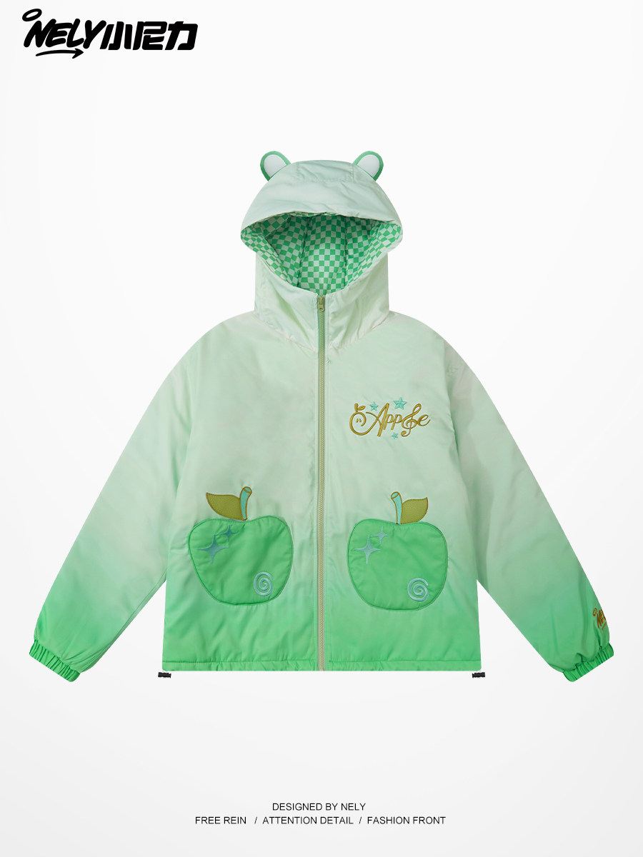 Creative Green Apple Paradise Hooded Cotton Jacket for Women, Winter Loose Fit, Warm and Thickened Cotton Coat, Trendy