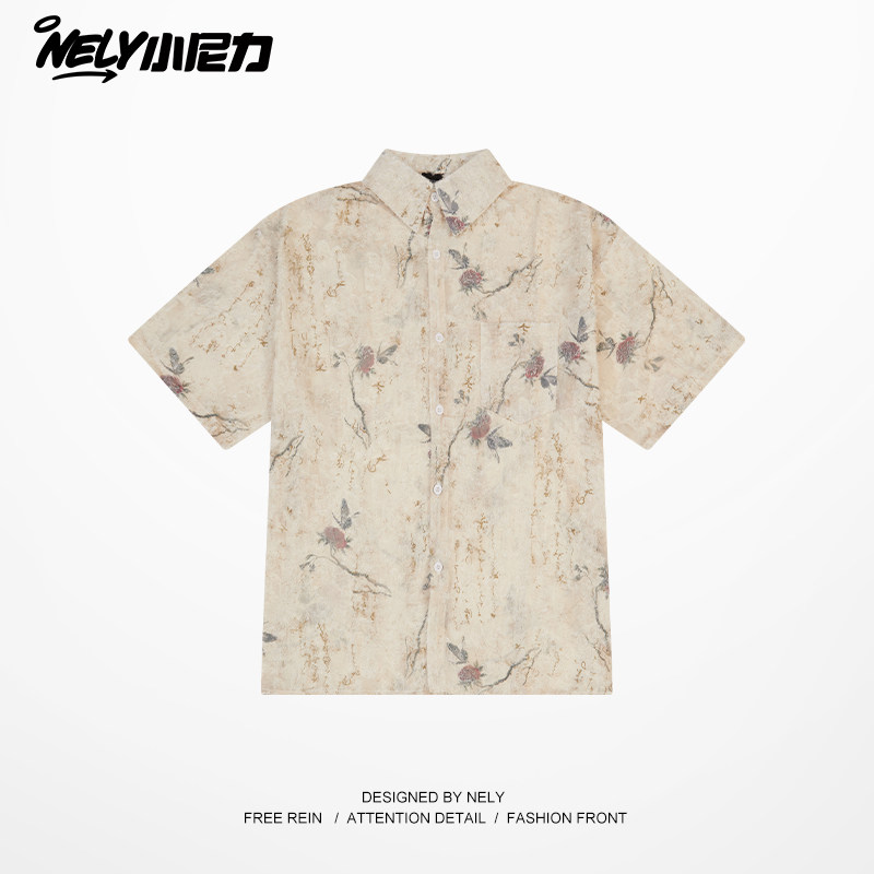 新中式国风书法玫瑰印花短袖衬衫男夏季潮牌宽松休闲情侣款花衬衣