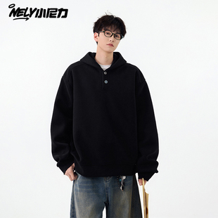 小尼力重磅加绒连帽卫衣男款秋冬季美式复古纯色打底衫宽松帽衫