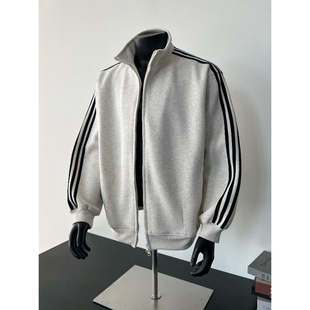 美式复古重磅三条杠拼色开衫卫衣男女小众设计感拉链撞色夹克外套