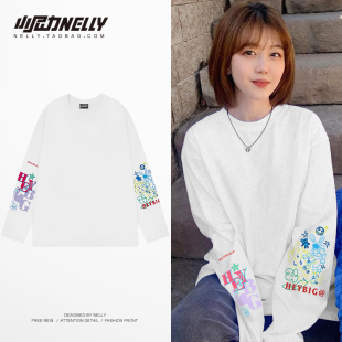 潮牌体恤衫 口印花秋冬季 情侣国风oversize内搭 圆领T恤男女袖 长袖