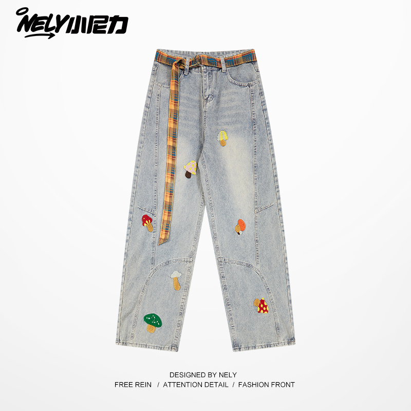 卡通蘑菇毛巾绣阔腿牛仔裤男美式baggy复古做旧解构宽松休闲裤子