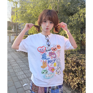 vintage复古宽松上衣服 t恤男女情侣夏季 美式 潮牌猫咪字母印花短袖