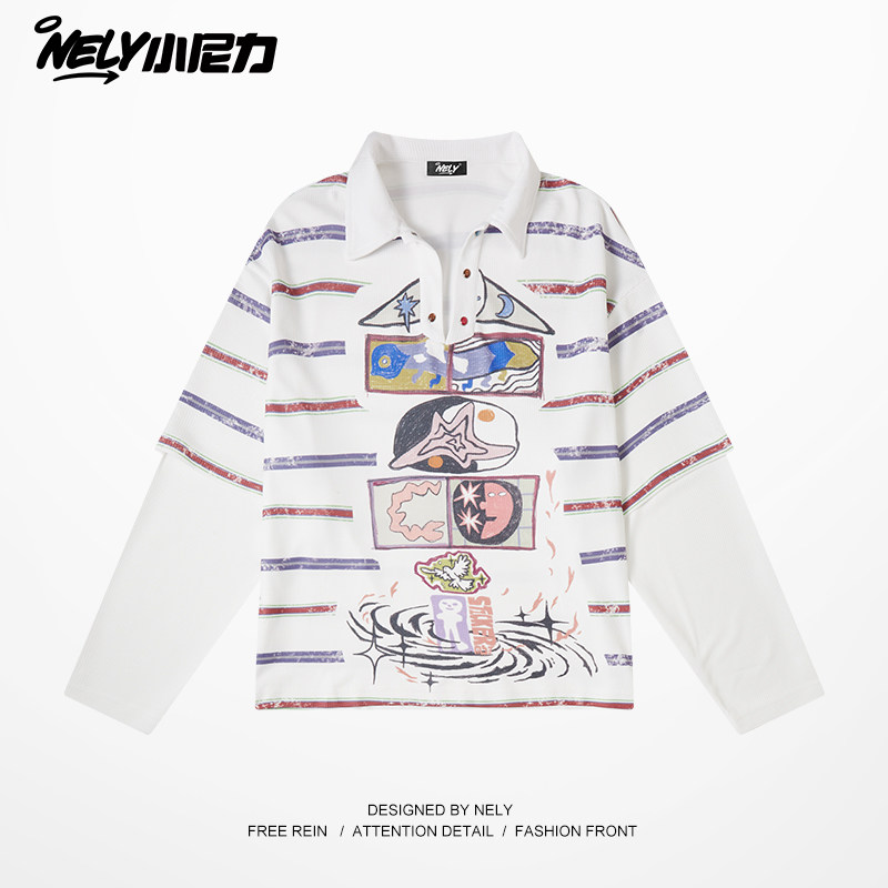 ins条纹Polo衫长袖t恤男生秋慵懒松弛感运动罩衫内搭打底针织上衣,男装,T恤,淘宝优惠券,粉丝福利购,淘宝优惠卷